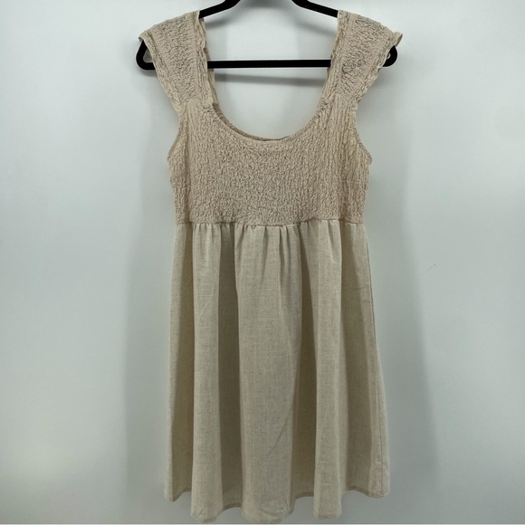 Umgee Smocked Dress Beige Linen Blend M - Picture 1 of 6